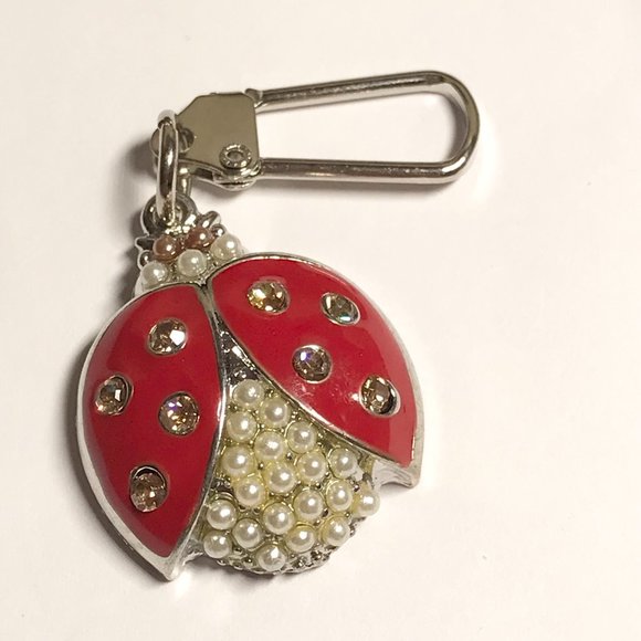 Red Ladybug Keychain Zipper Pull Purse Charm Backpack Pearl Crystal Enamel - Picture 5 of 9